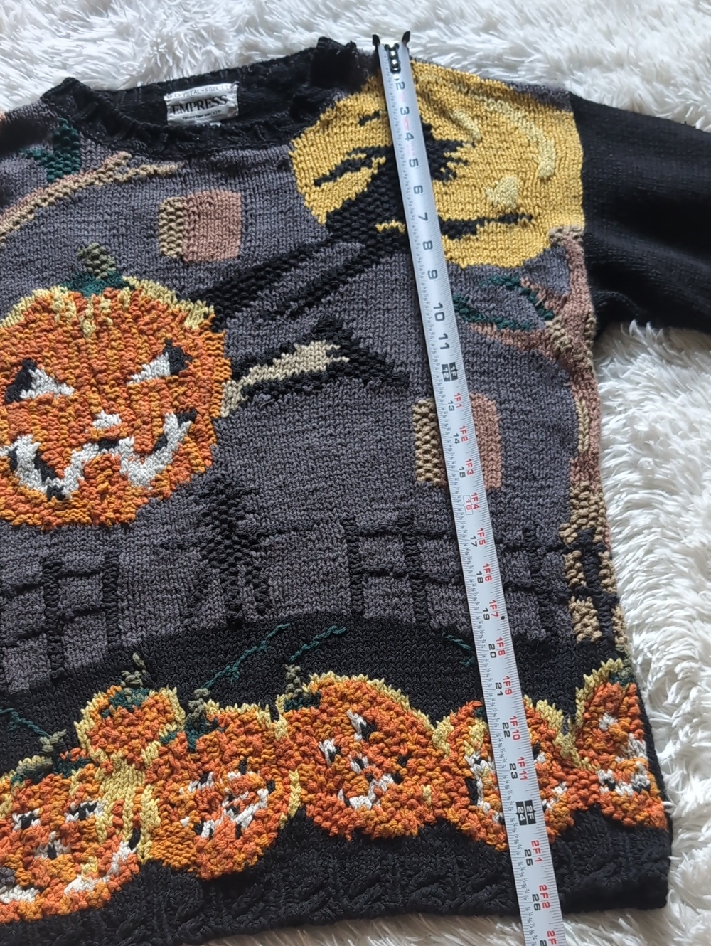 80s Vintage Crystal Kobe Halloween Jack-o'-lanterns & Flying Witch Knit Sweater - Picture 11 of 11